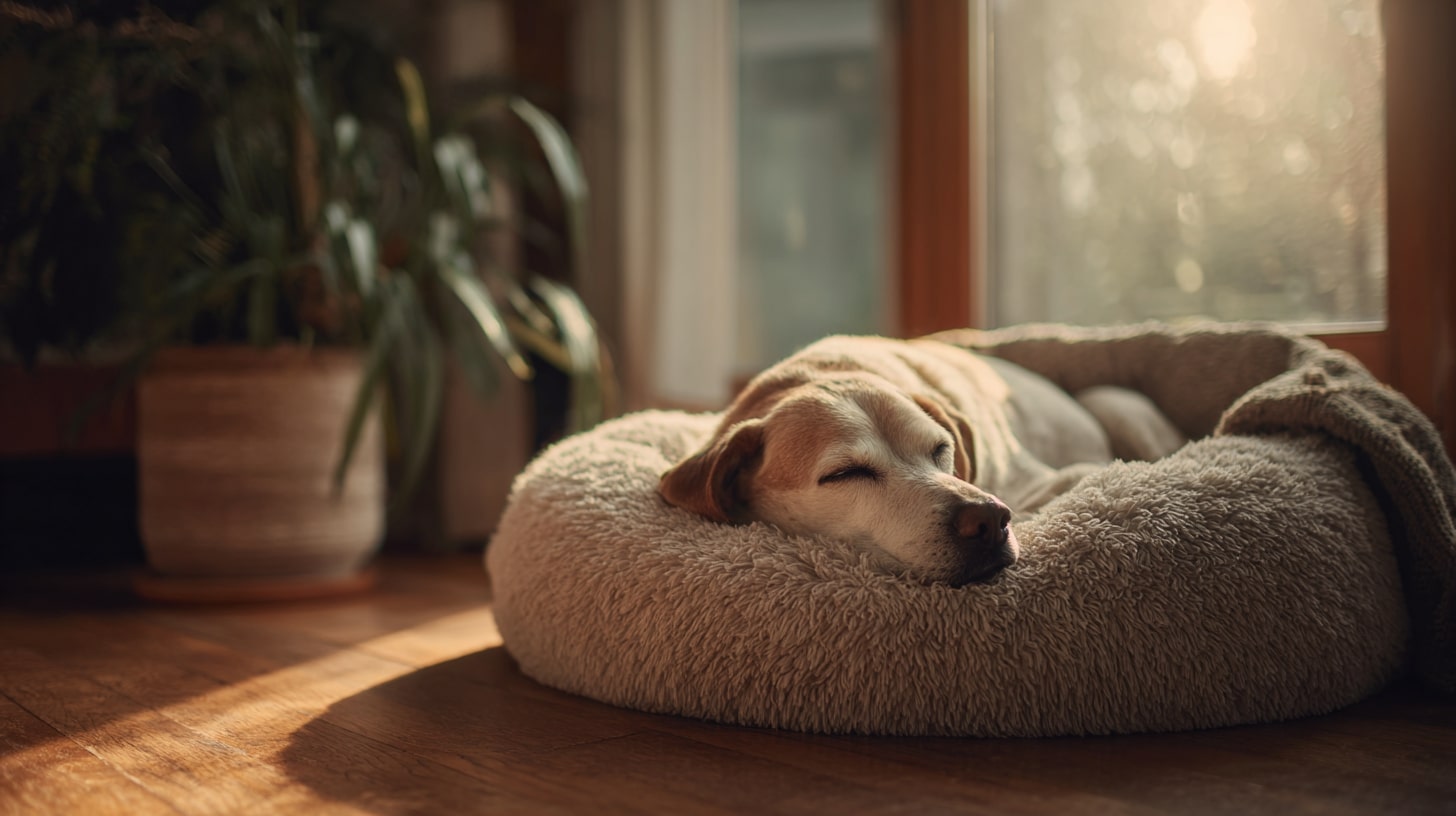Chien se reposant dans un espace calme pour respecter ses besoins de sommeil